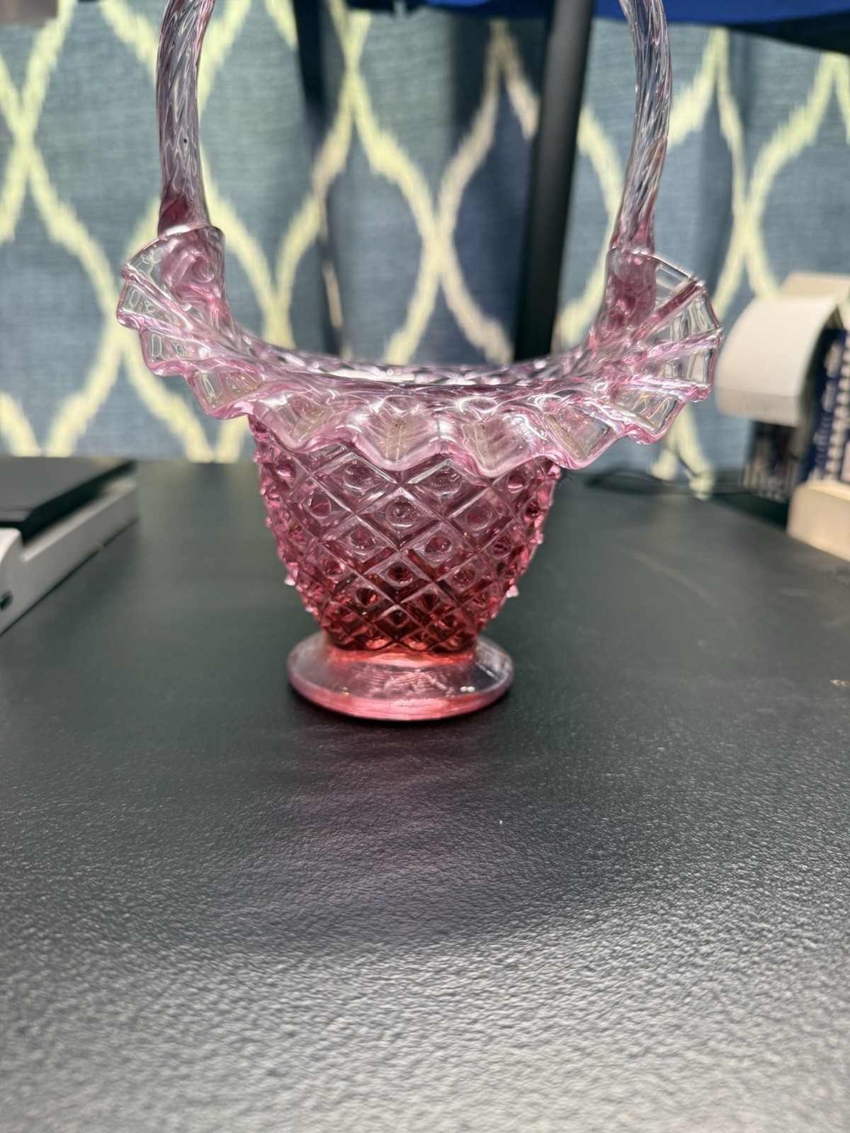 Fenton Dusty Rose Diamond Lace Hobnail Pattern Glass Basket Marked