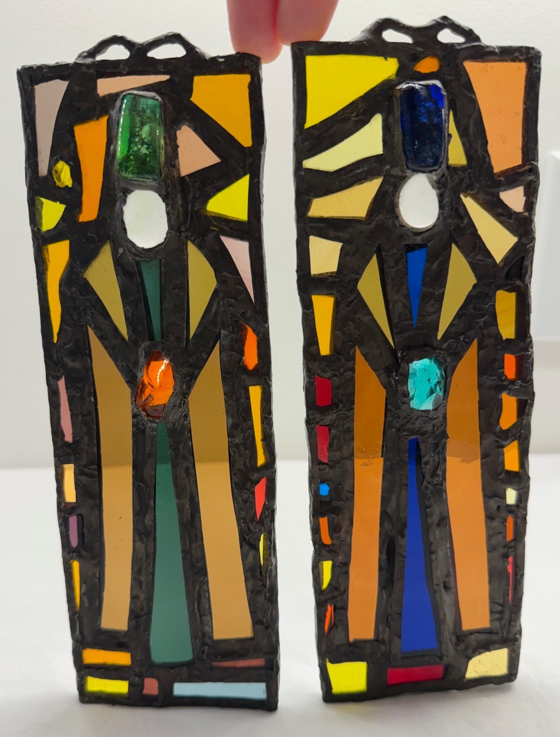 Pair Vint 1960s MCM Geometric Abstract Stained Glass 3×9″ Panel Suncatcher Reds