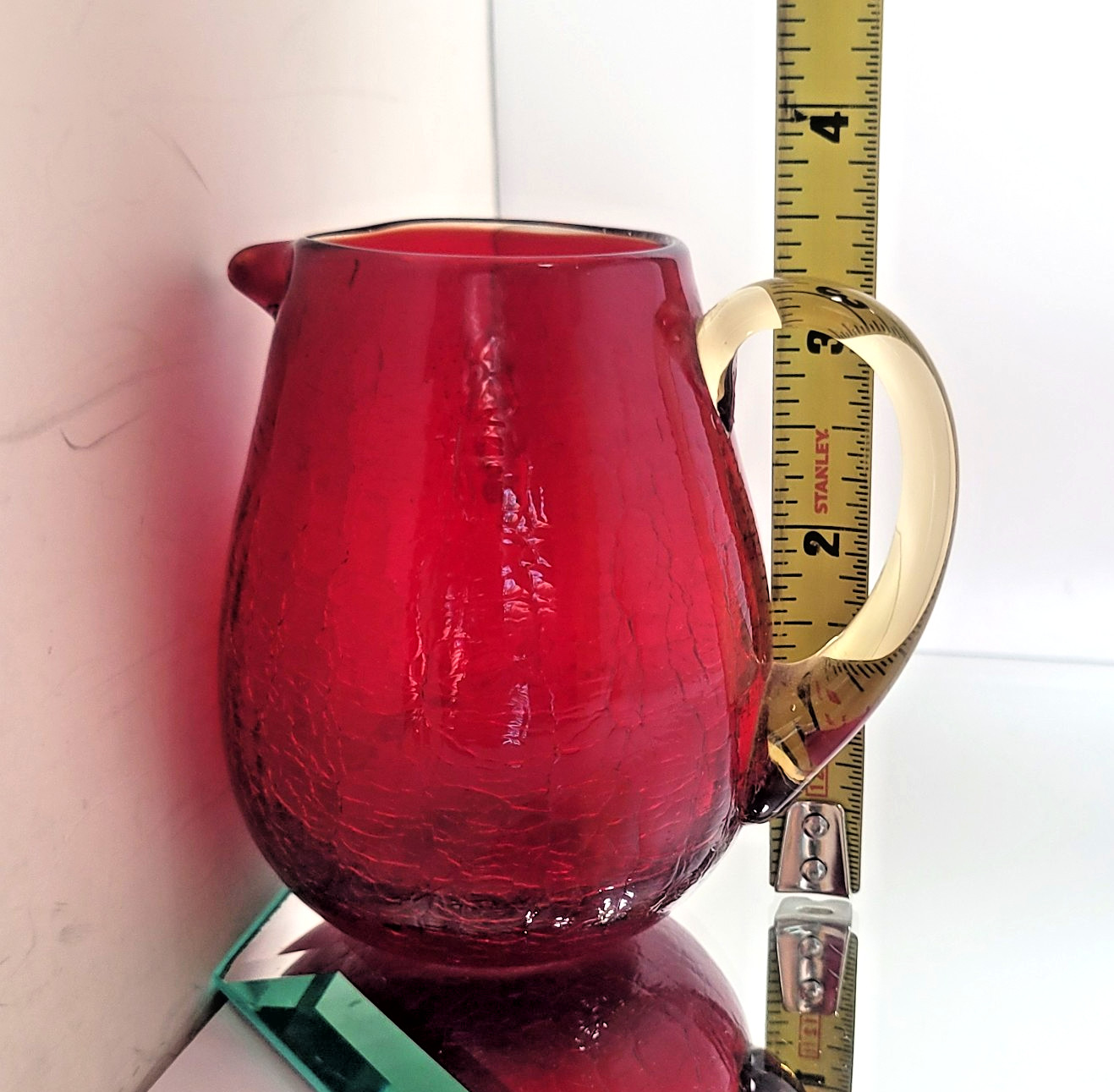 Vintage Ruby Red Crackle Art Glass with Yellow Handle Hand Blown Pitcher