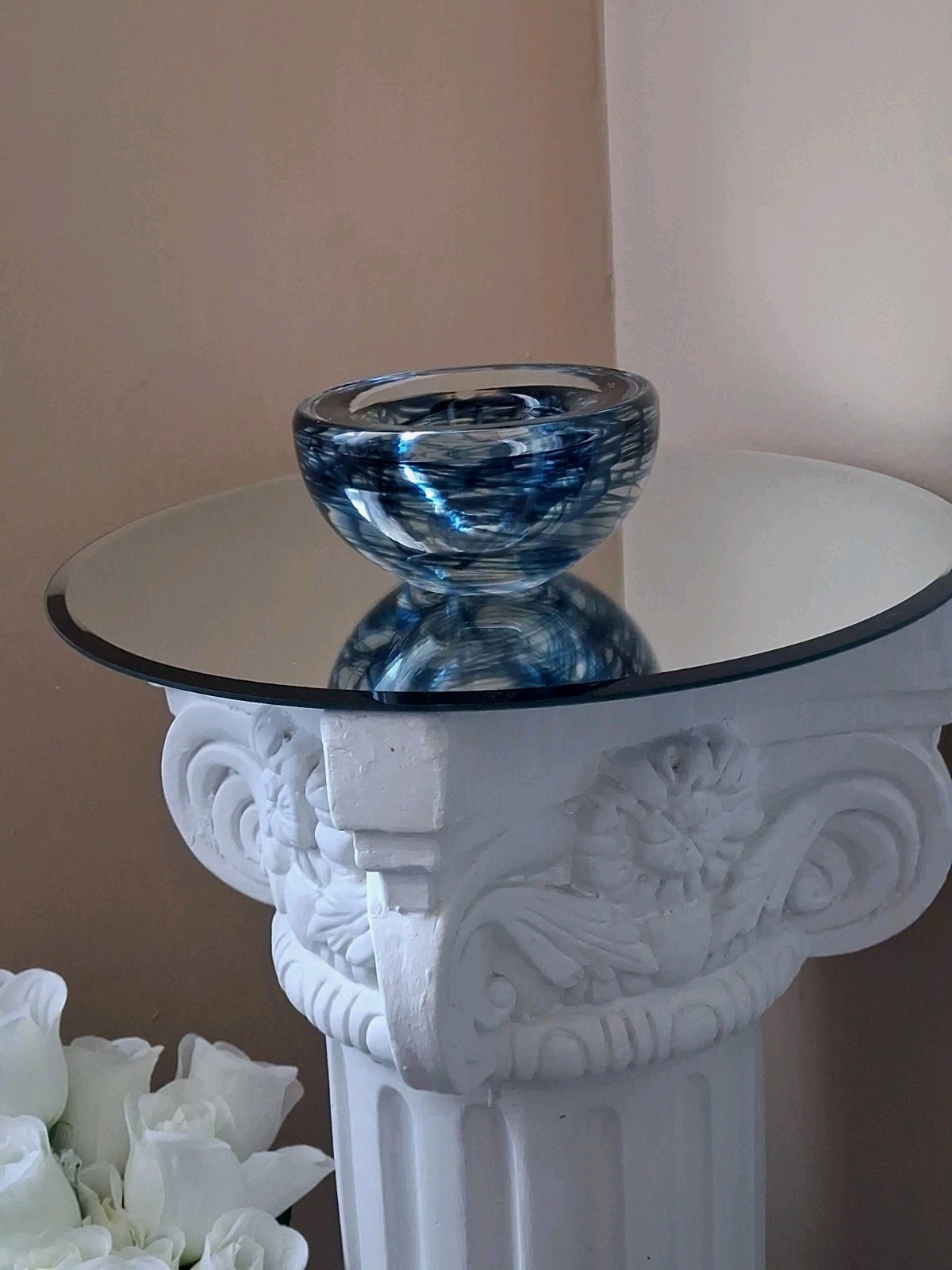 Kosta Boda Art Glass Clear Blue Swirl Atoll Votive Holder Swedish by Anna Ehrner
