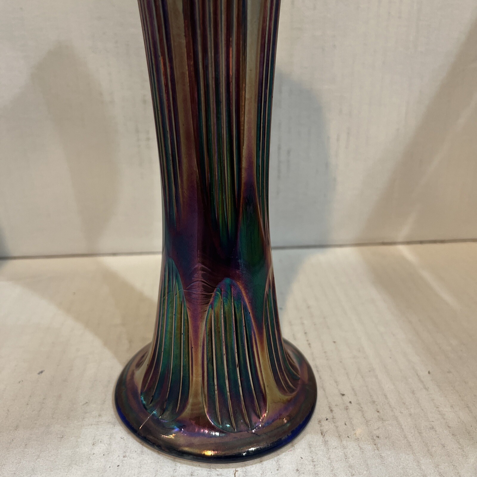 Vintage Fenton Diamond & Rib Cobalt Blue Carnival Glass Swung Vase Apprx 10 3/4”