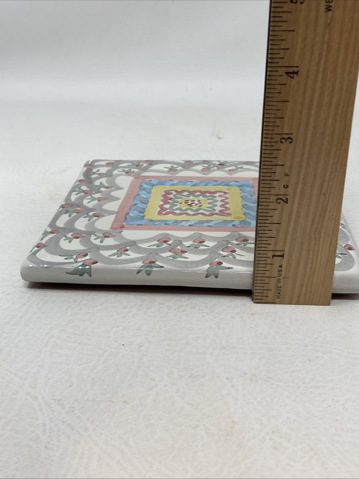 Vintage MacKenzie Childs Ceramic Trivet Victoria & Richard 6” Square Cork Backed