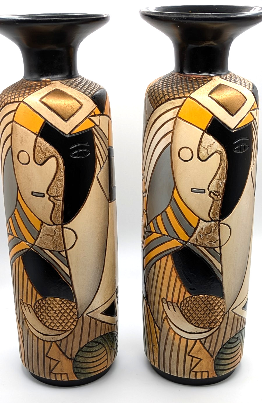 2 PICASSO STYLE CUBIST CERAMIC VASES MATCHED PAIR HAND PAINTED ABSTRACT FACE 16″