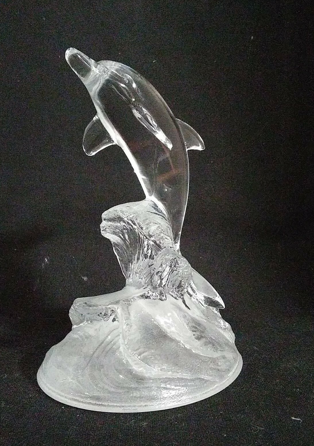 Vintage Clear Glass Dolphin On Glass Frosted Wave Decorative Figurine 6.25″ Tall