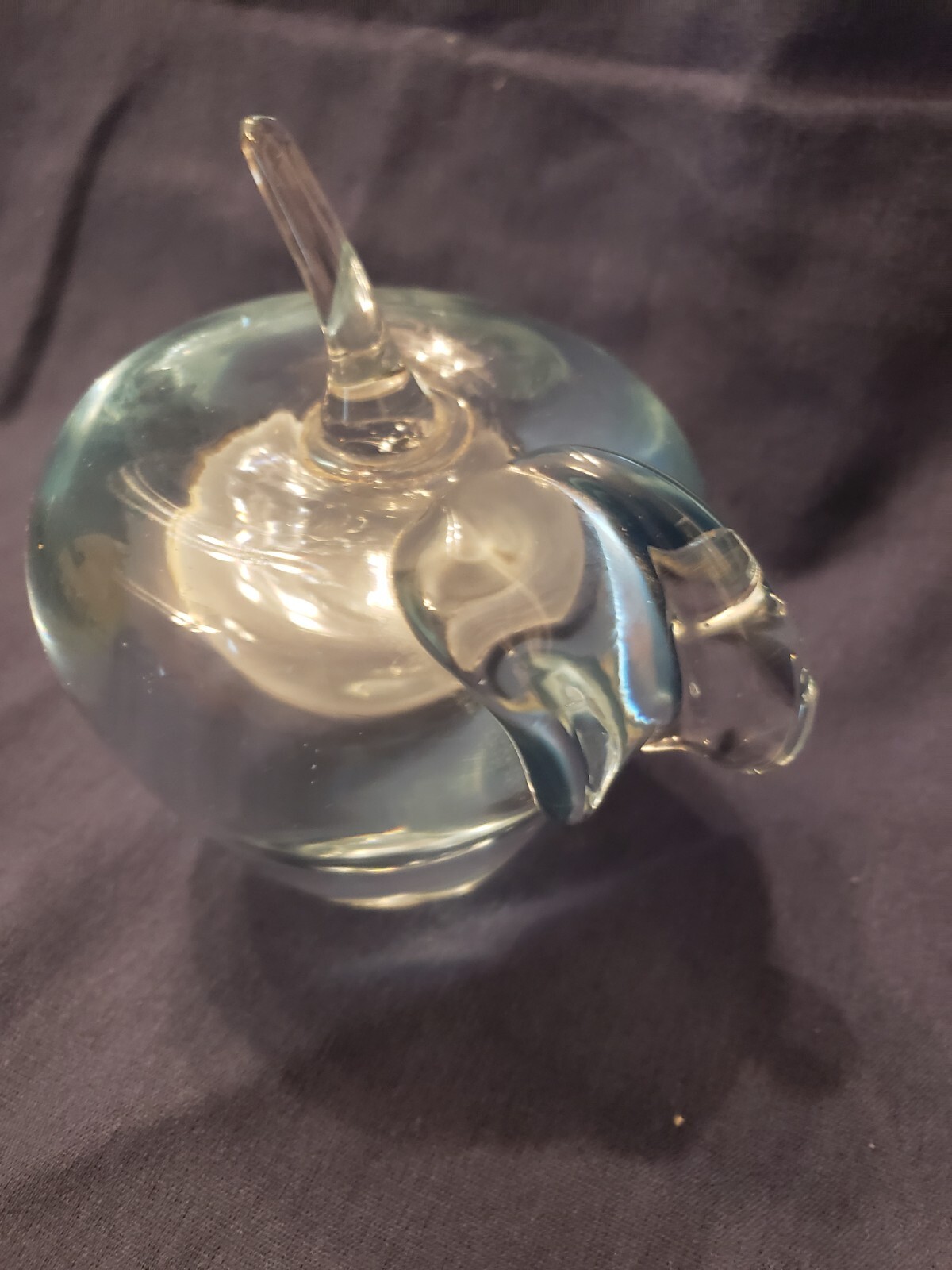 Hand blown art glass apple with stem about 6″, clear, paperweight, teacher gift
