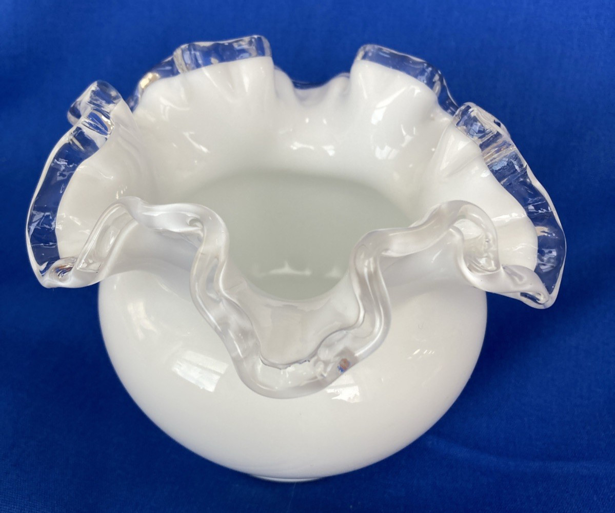 Fenton Silver Crest Ruffled Edge Vase Milk Glass Rose Bowl Vintage