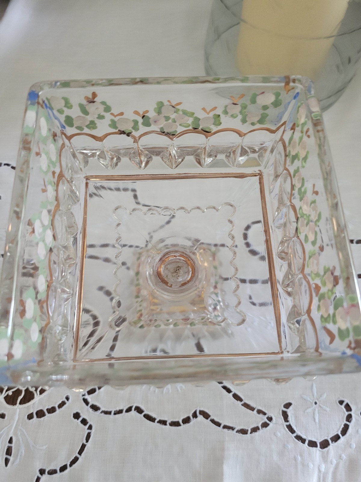 VTG Pair Jeanette Glass Pedestal Candy Dish Wedding Box Gold Trim Floral