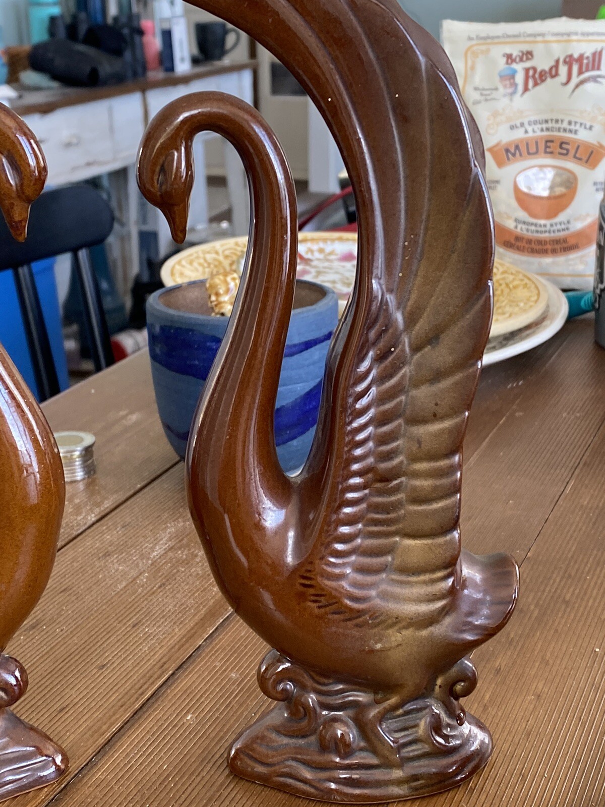 Pair Of Vintage Redware Swans 9.5 Inches Japan