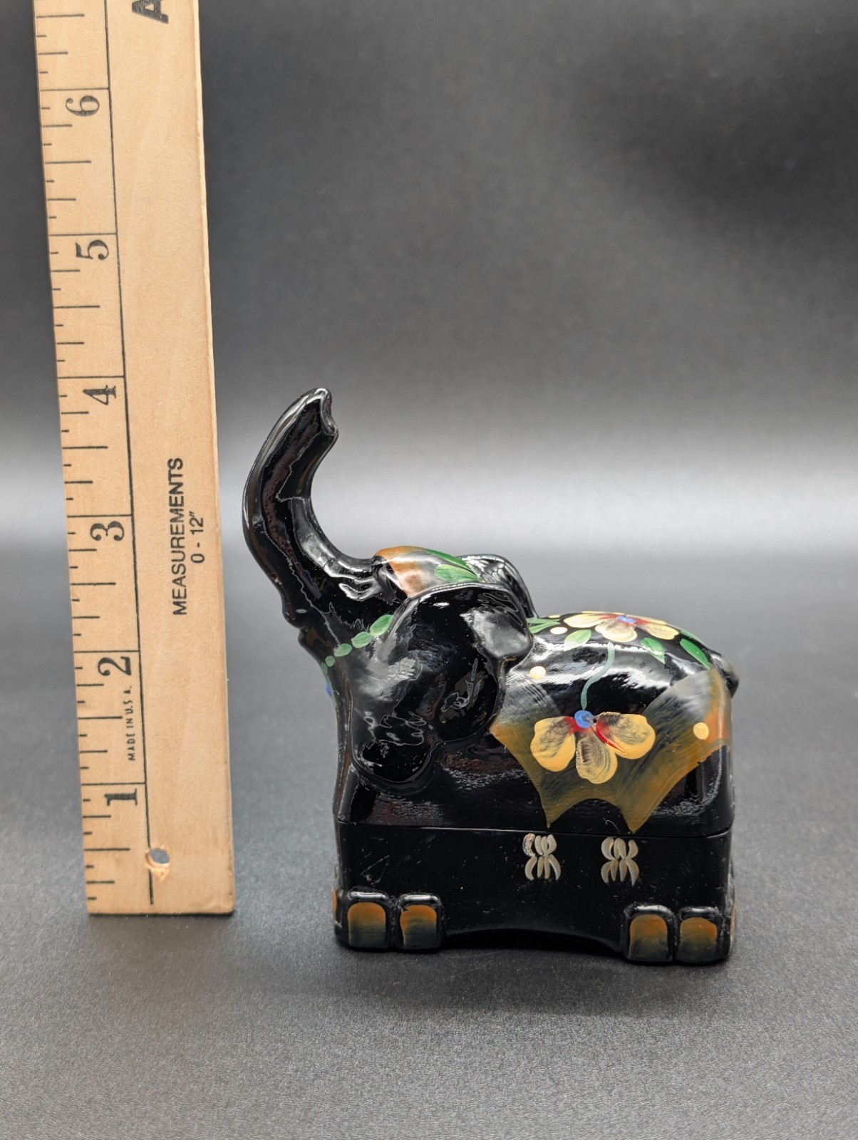 Fenton Elephant Trinket Box BLACK Glass Floral Signed A. Farley CHIPS – 2005