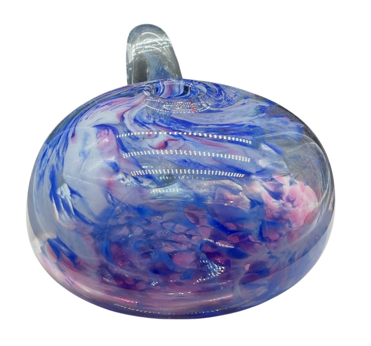 Handcrafted Blue & Pink Swirl Art Glass Paperweight With Clear Handle Signed