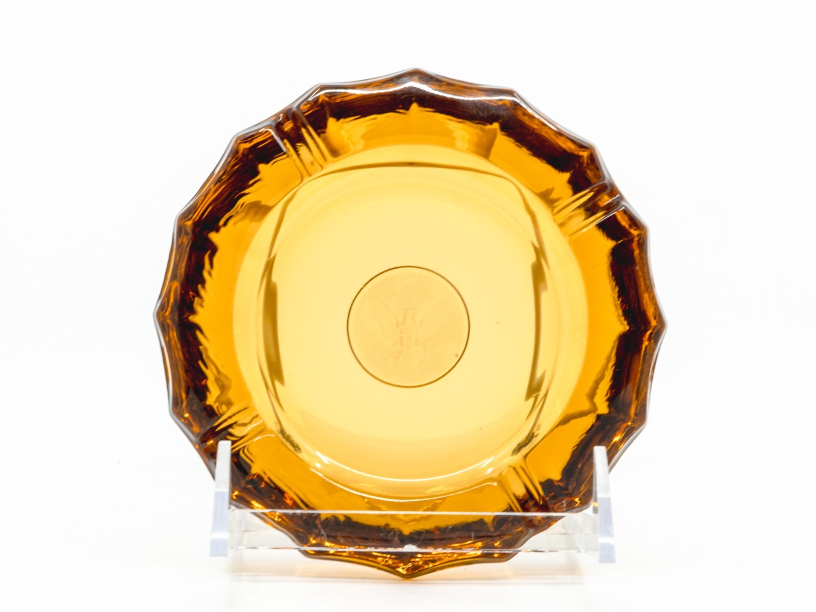 Vintage Fostoria Amber Glass 5.25″ Ashtray with 1887 USA Presidential Eagle Seal