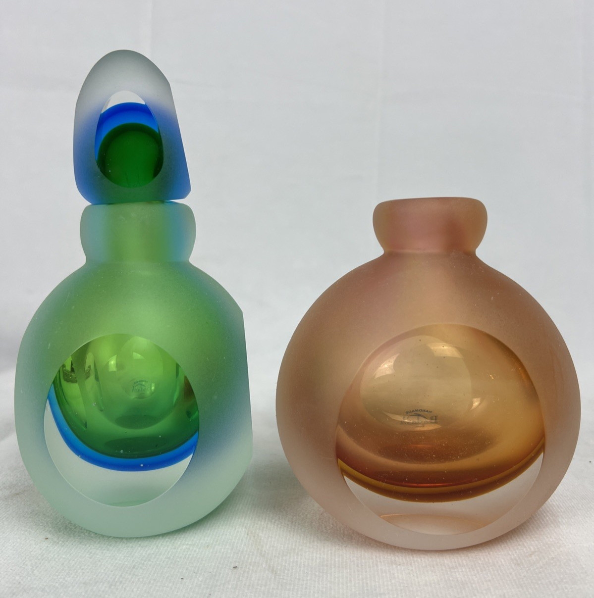 Badash Hand Blown Karma Art Glass Perfume Bottles Frosted Cut Window Pair / Lot