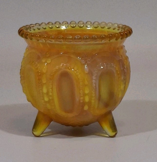 Boyd Glass Gypsy Pot Cauldron Toothpick Candle Holder Yellow Orange Slag UV Glow