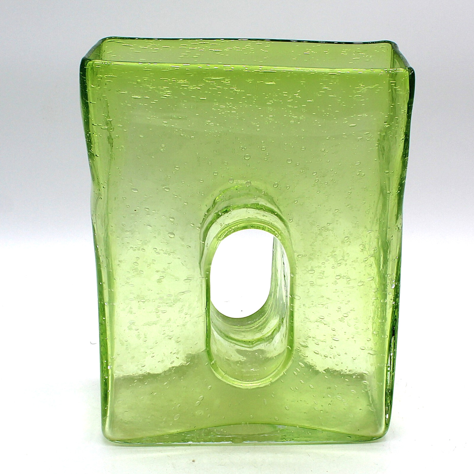 Vintage 1970s Hand Blown Green Art Glass Vase Bubbles Pulegoso Hole Thick