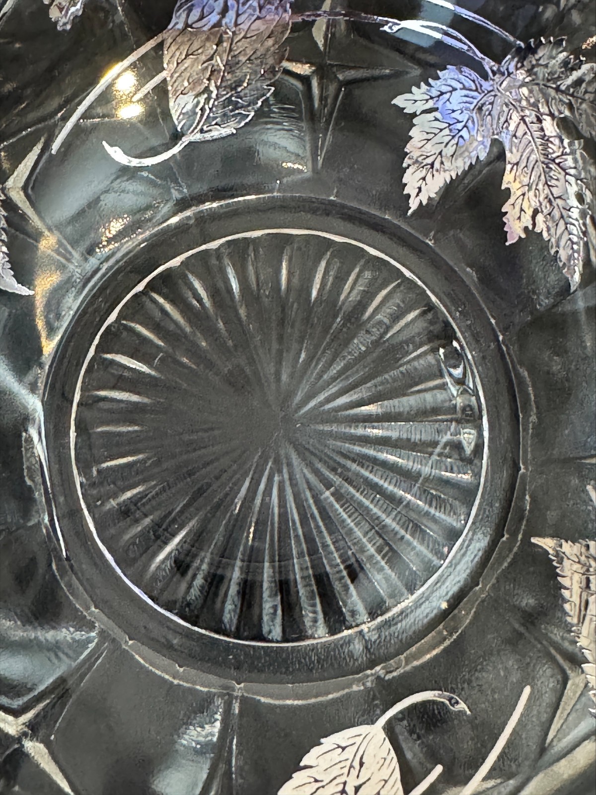 Vintage Cut Crystal Basket Silver Overlay Leaf Design Starburst Base Mid-Century