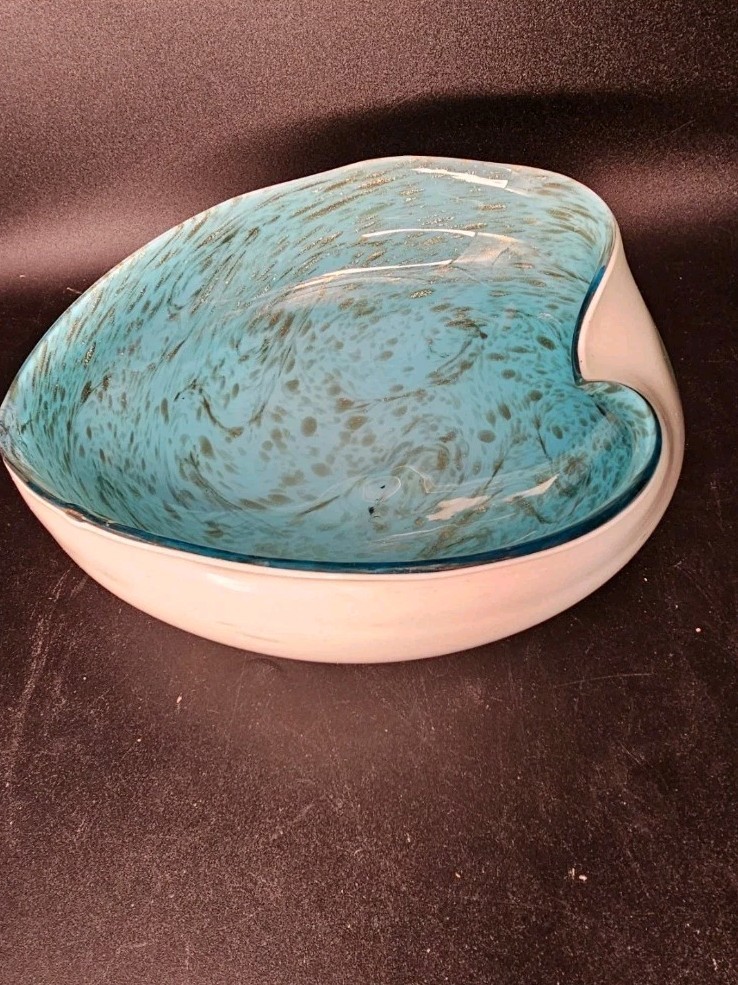 Murano Bowl, Large Mcm Heavy Heart Shaped Aqua Blue Cased Glass Candy Dish