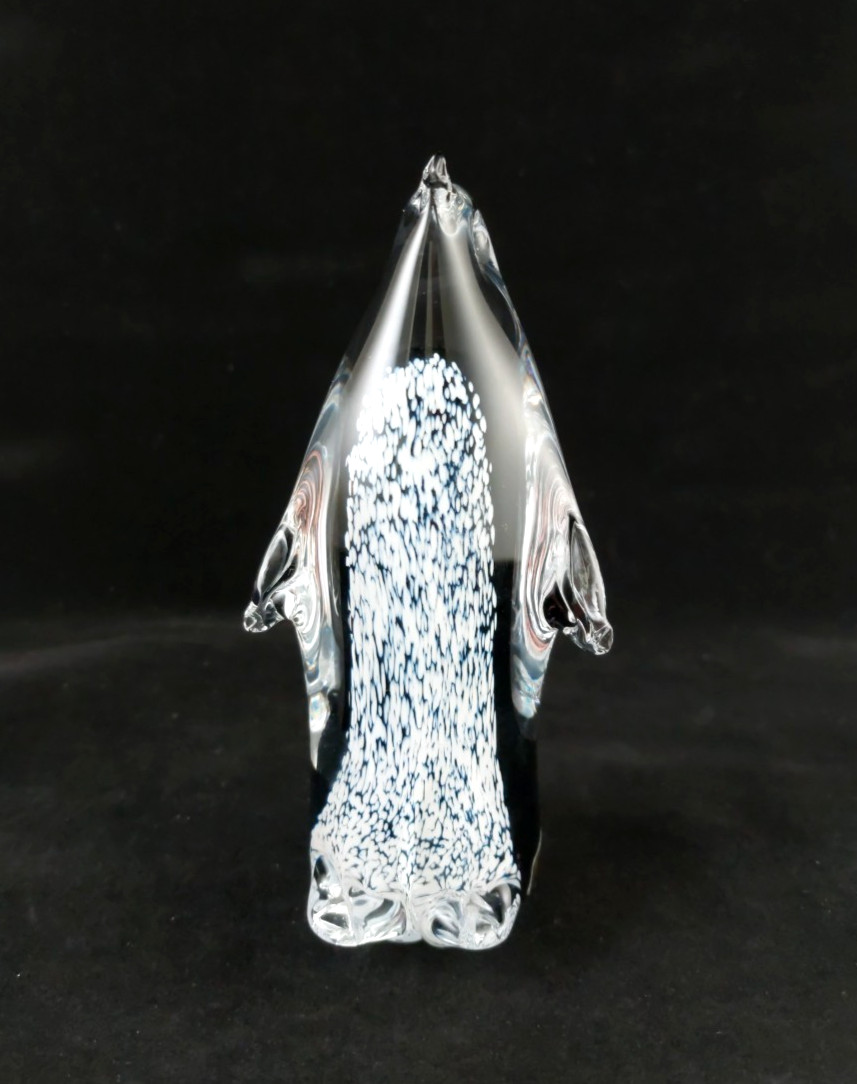Vintage Mantorp Sweden Art Glass Penguin, Black White Clear, 5 Inches