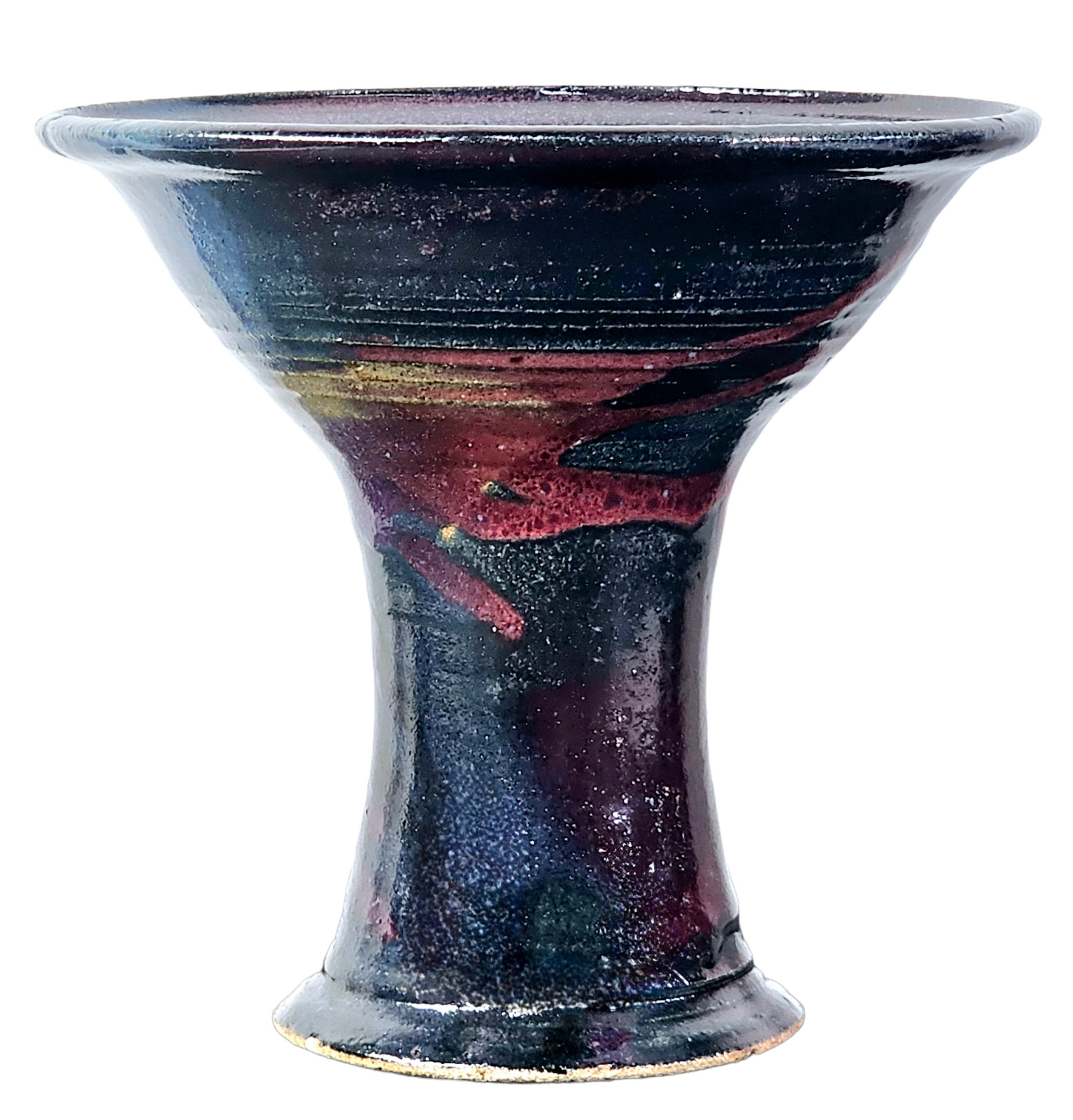VTG Studio Art Pottery Pedestal Bowl Drip Glaze Violet Blue Beige Signed 9.5″