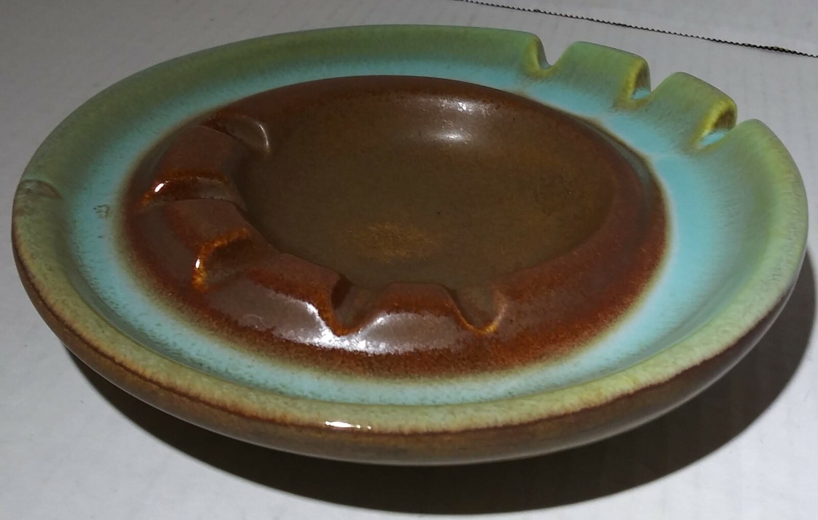 Vintage Pottery Ashtray Round 7″ Green Blue & Brown