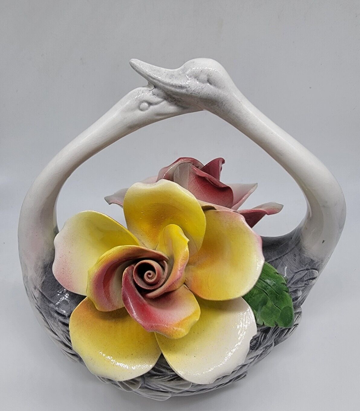 Capodimonte Double Swan with Pink and Yellow Roses from Italy minor imperfection