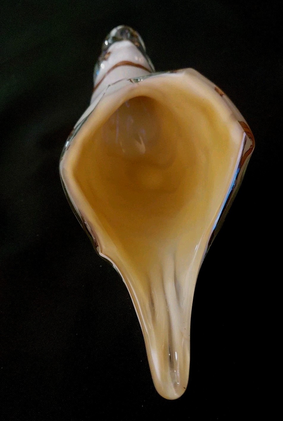 Vintage Hand Blown Cased Art Glass Seashell White Brown Yellow 3.5” Tall 9″ Long