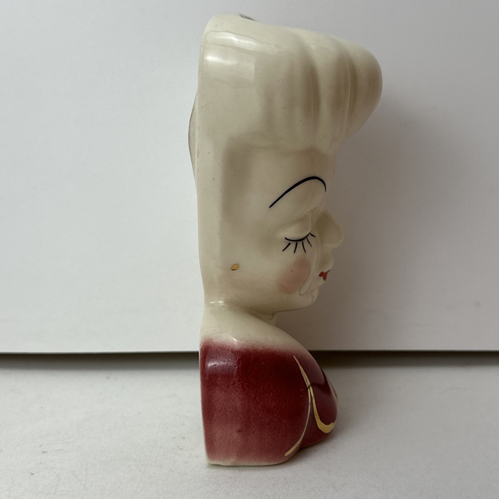 Vintage Lady Head Vase Red Gold Trim Wall Pocket Wallpocket Glamour Girl Deco
