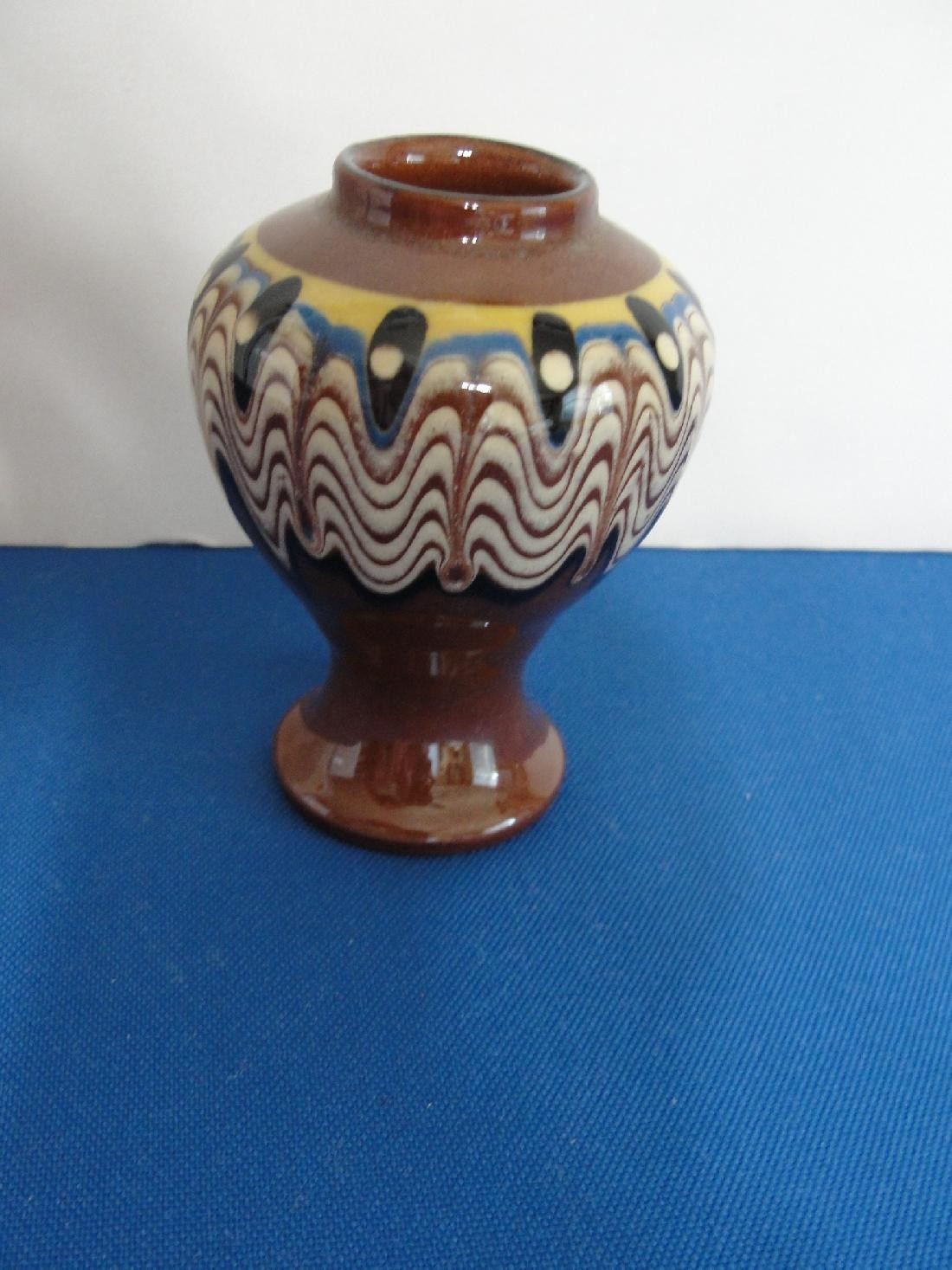 Vintage Bulgaria Redware Pottery Troyan Pull Feather Glaze Mini Cabinet Vase
