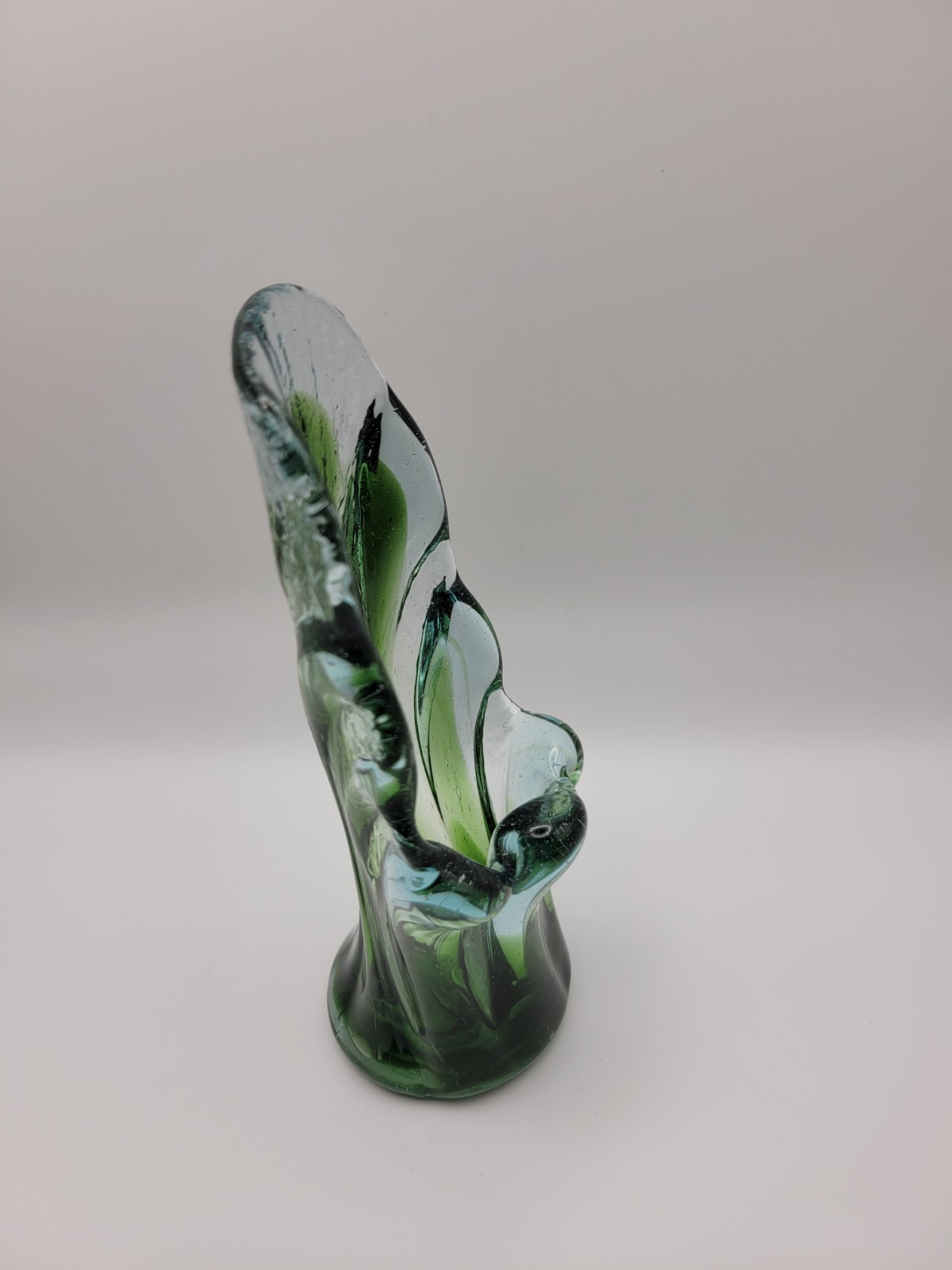 Vintage Swung Glass Vase Bohemian Style Hand Blown Green/Clear 6.5 in. Tall MCM
