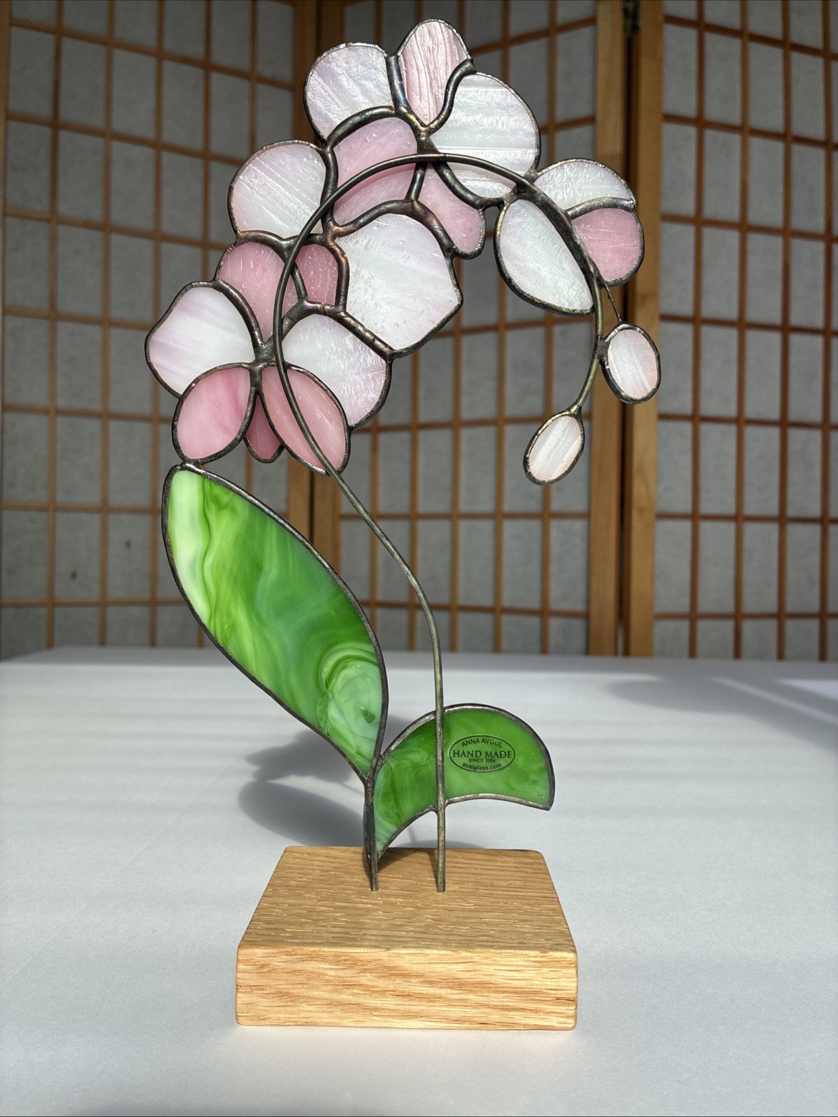 Stained Glass Orchid Pink Free Standing Wood Base Home Decor Hand Made Art
