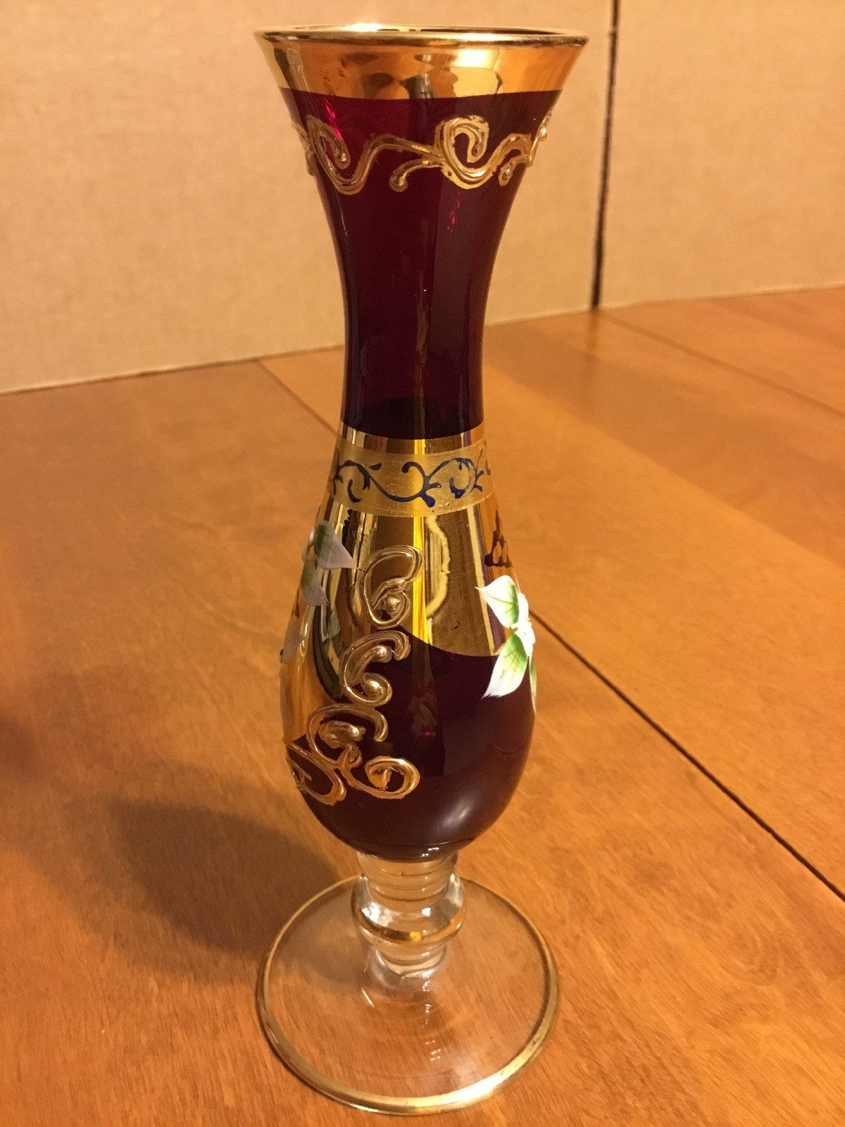 Vintage Ruby Red & Gold Hurricane Style Glass Painted Flowers Vase 6.75” Tall