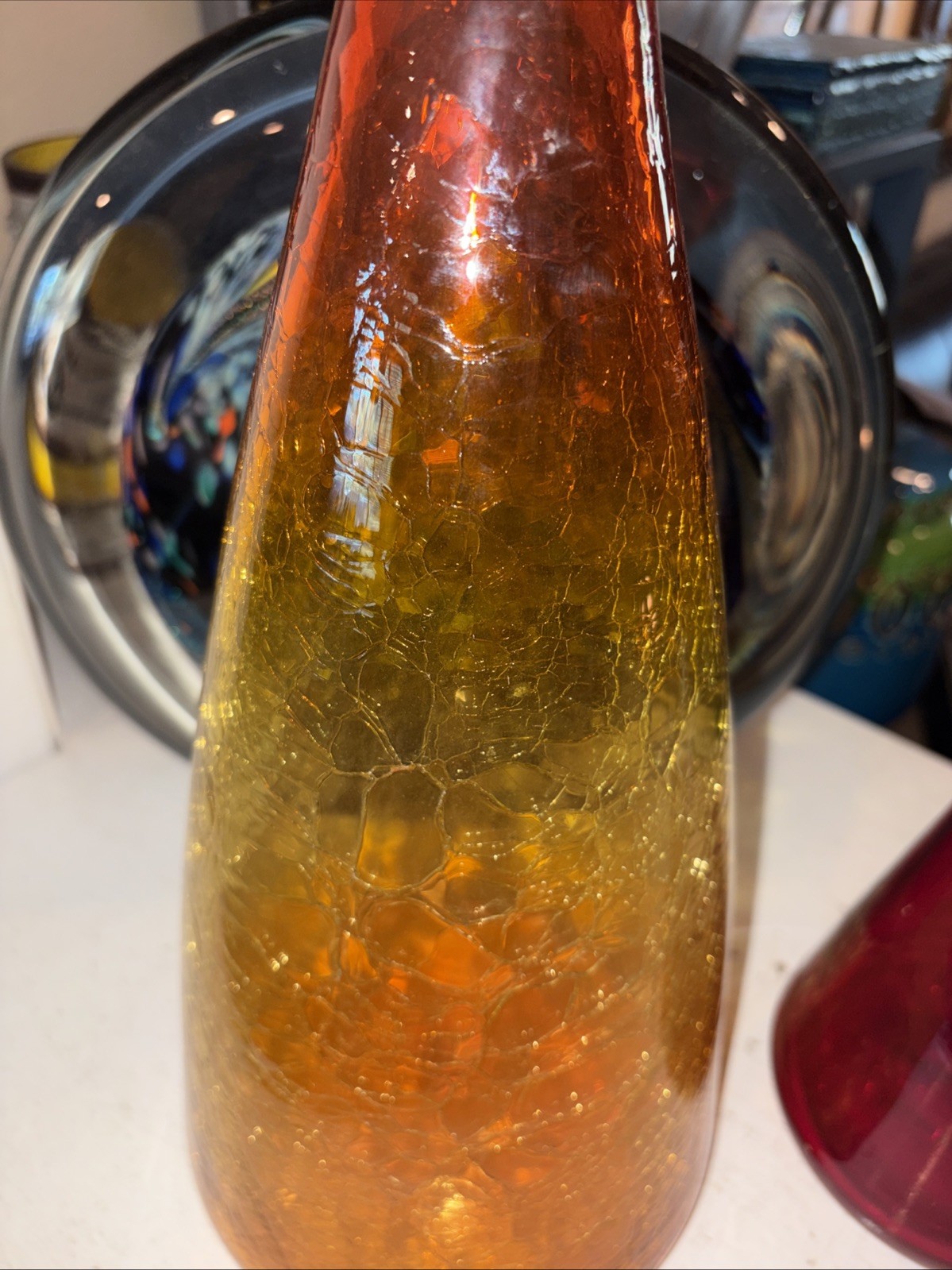 Large Vintage Blenko Crackle Glass Hombre Decanter & Red Vase Hand Blown