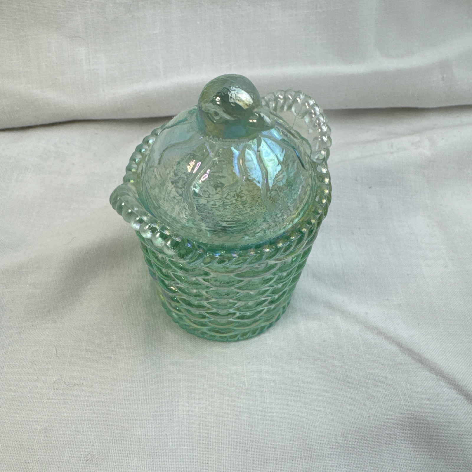 Vintage 1990s Fenton “Jade Opaline” Iridescent Carnival Chick Hen On Nest