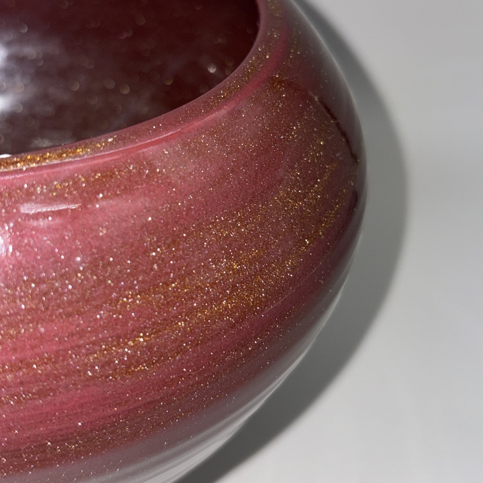 Signed Studio Art Pottery Squat Vase 2006 Maroon Gold Glitter Glaze 7″