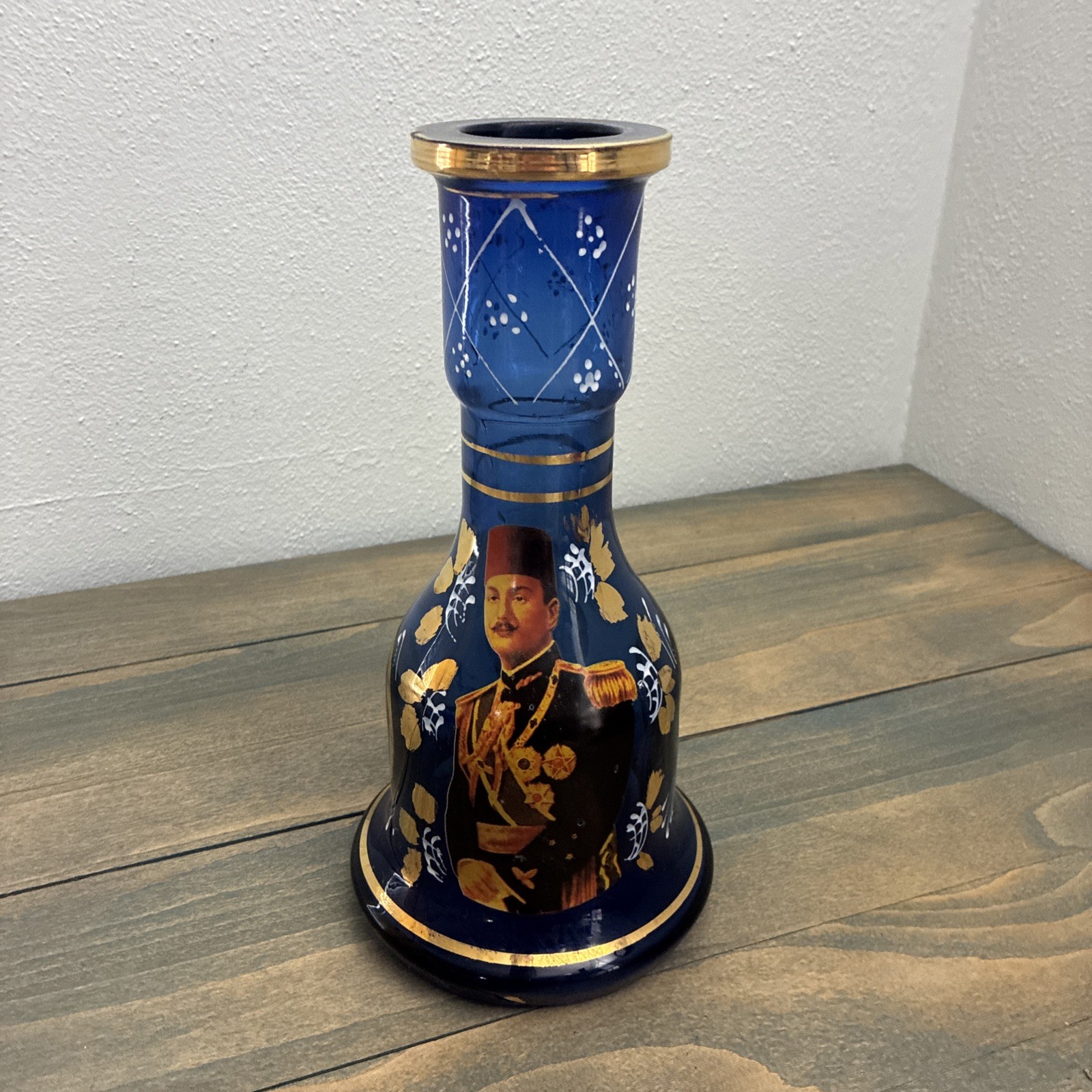 Vintage Egyptian Cobalt Blue Glass Vase King Farouk Portrait Hookah Decor