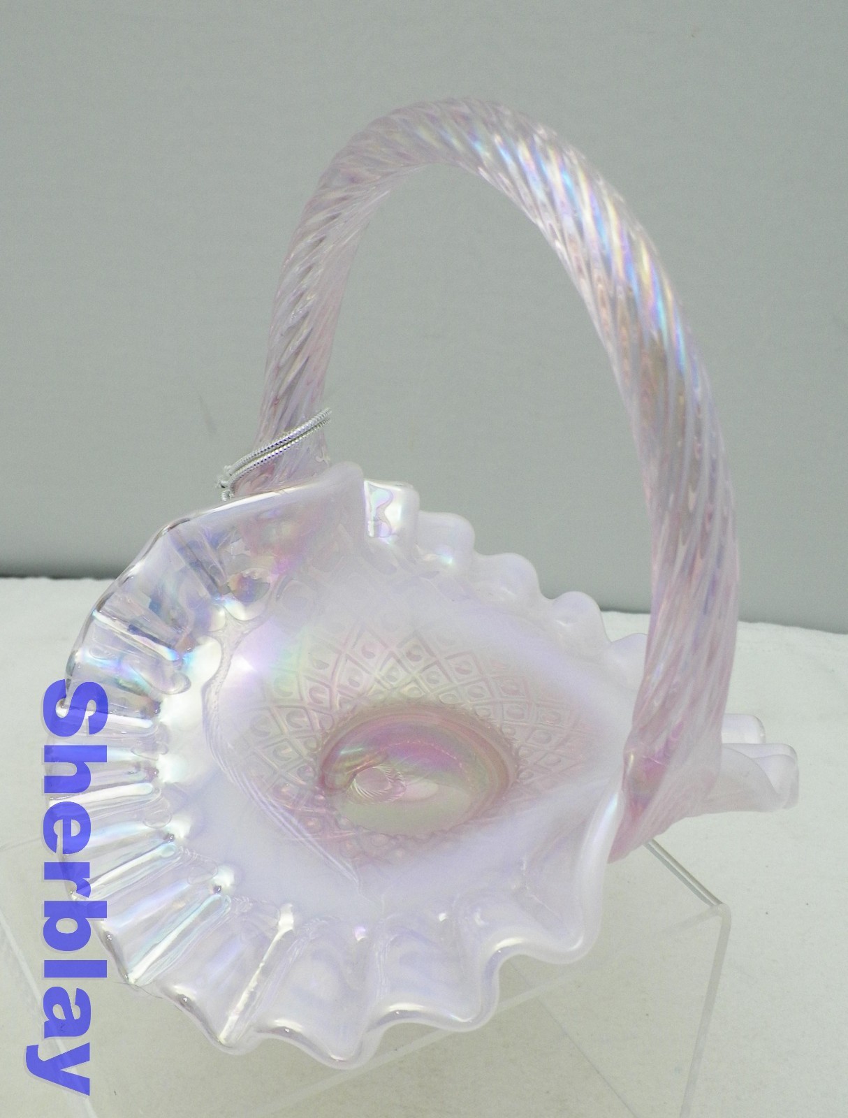 Vintage Mini Fenton Art Glass Pink Lavender Opalescent Basket Ruffled Candy Dish
