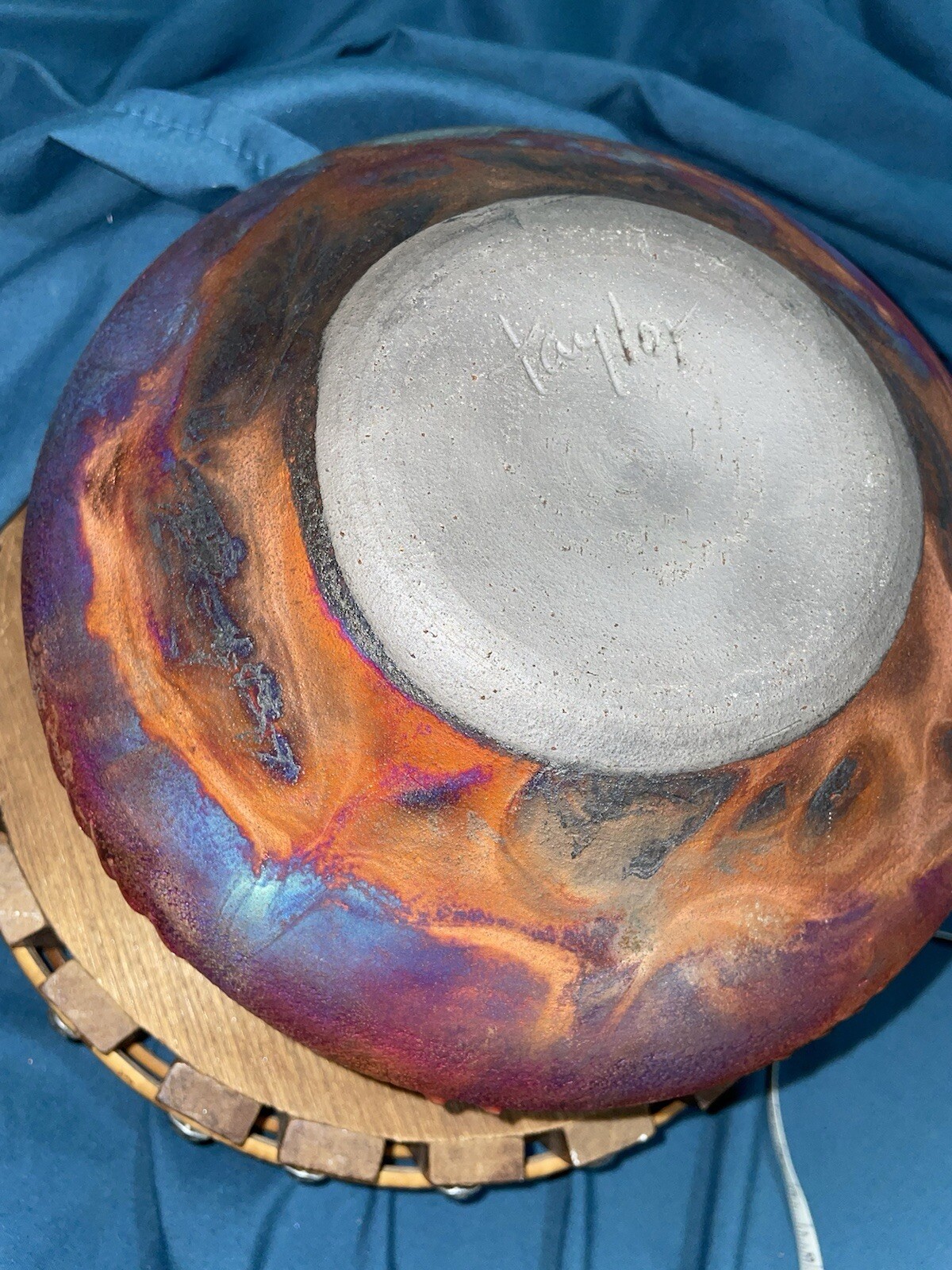 Spaulding Taylor Signed Raku Vase Inlaid Copper Wire Wrap High Iridescent Colors