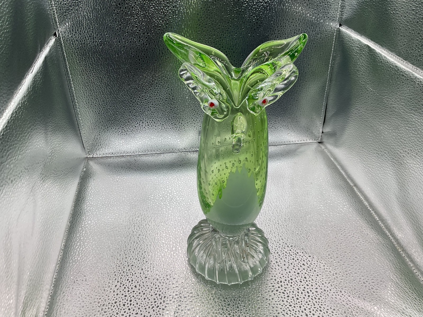 VTG Murano Art Glass Owl Sculpture Vase Light Green Controlled Bubble – 10” MINT