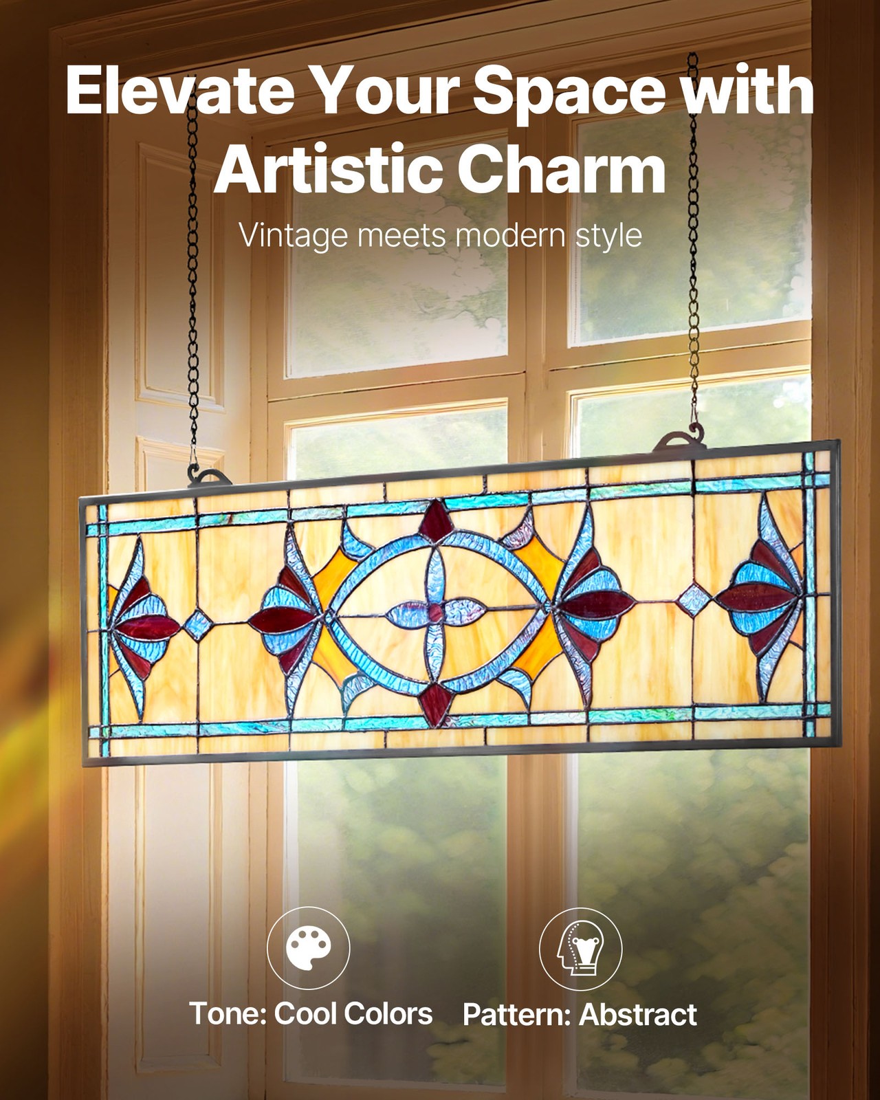VEVOR Stained Glass Tiffany Style Hanging Window Panel with Chain 32×10 Inches