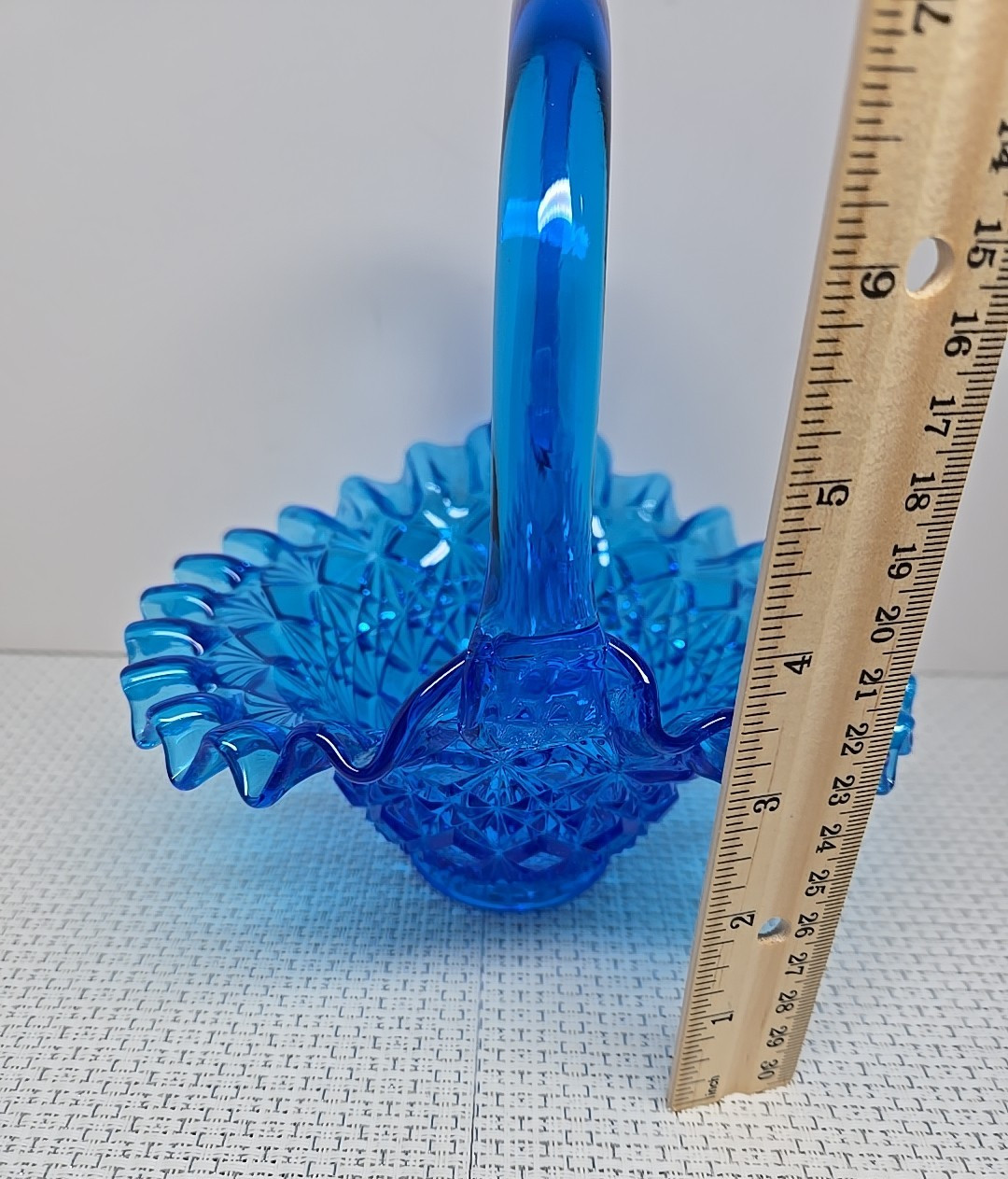 Vintage Fenton Olde Virginia Art Glass Blue Ruffled Basket Pressed w/Handle 8”