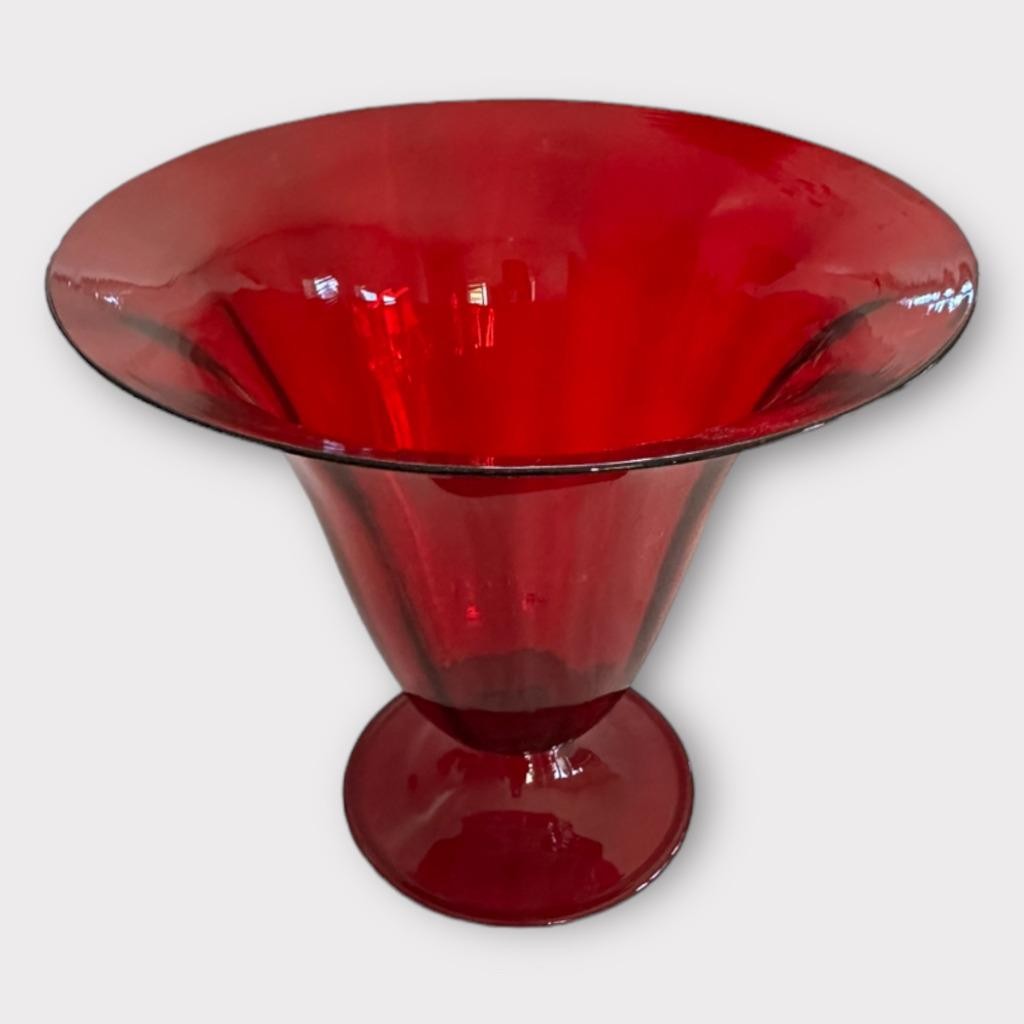 Vintage Ruby Red Art Glass Hand Blown 9” Vase 9 1/2″ Tall 10 3/8″ Diameter NICE