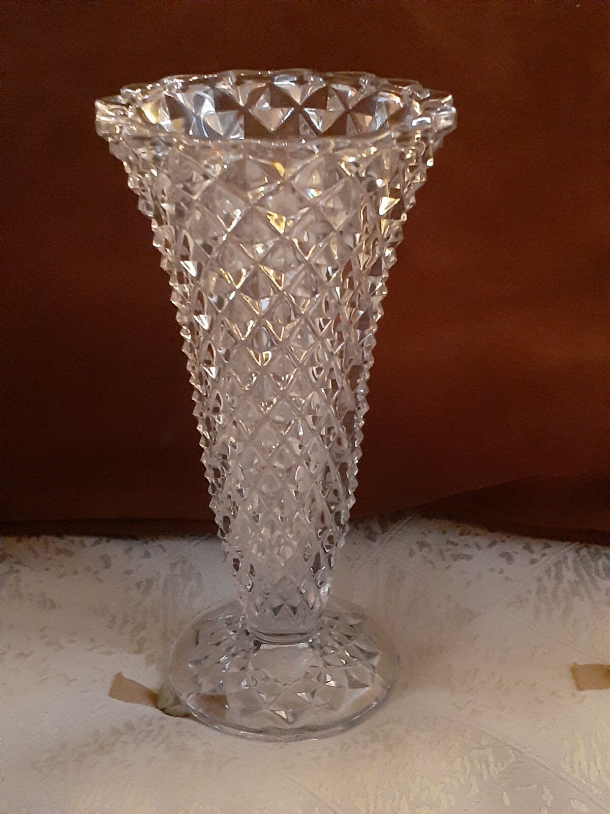 Vintage clear Cut crystal footed Vase 8.25″ Length