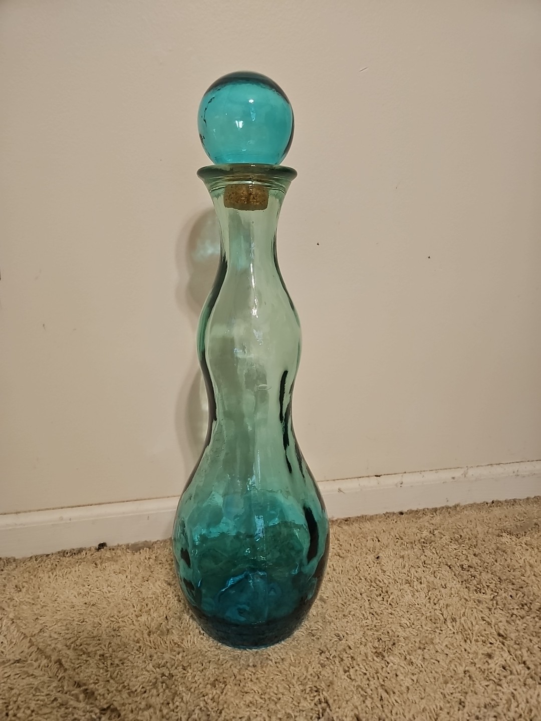Vintage Green/blue Glass Decanter Bottle with Round Cork Stopper Made In Spain