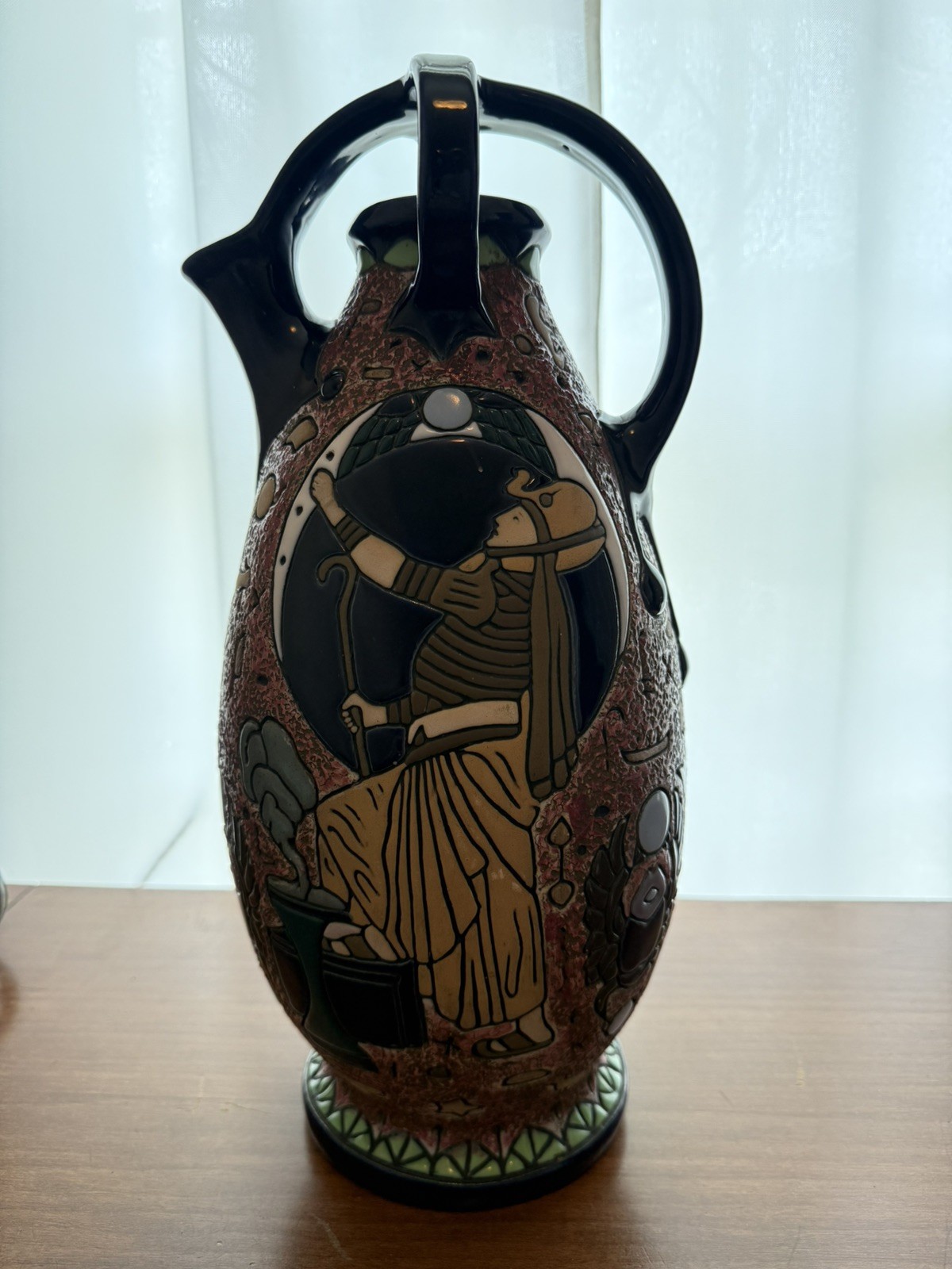 Antique Amphora Turn Teplitz Egyptian Revival Art Nouveau Pottery Ewer Vase 15in