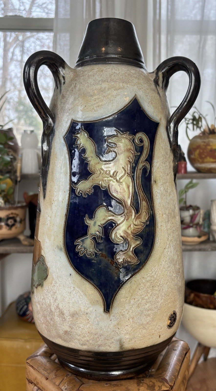 Roger Guerin Luxembourg Castle Lion Crest Salt Glaze Stoneware Art Deco Vase EUC