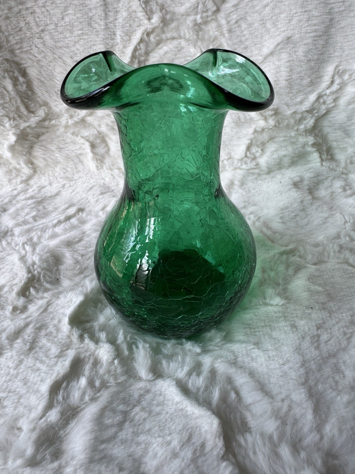Vintage Green Crackle Glass Vase Glossy Finish Mid Century 5”