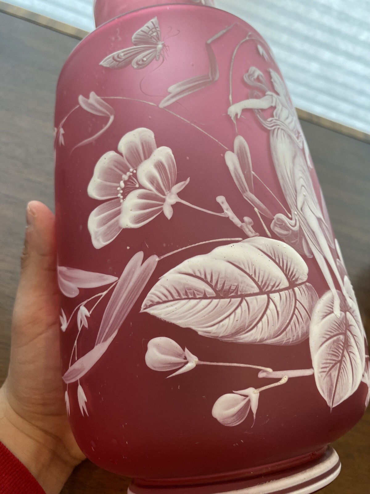 RARE ANTIQUE FLORENTINE ART CAMEO LARGE Cranberry Vase W/Woman In Nature 12.75″H