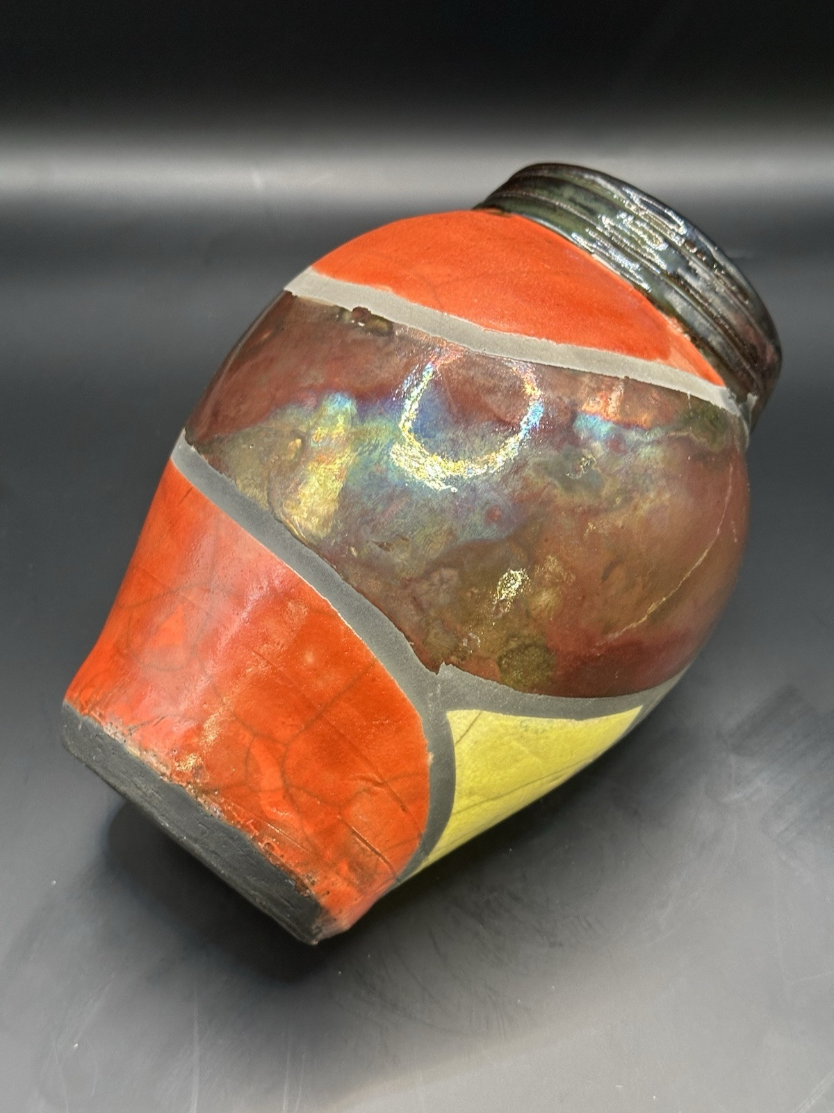 VTG RARE Signed Stamped MJA Stunning Raku Pottery Vase Vibrant Colors Excellent