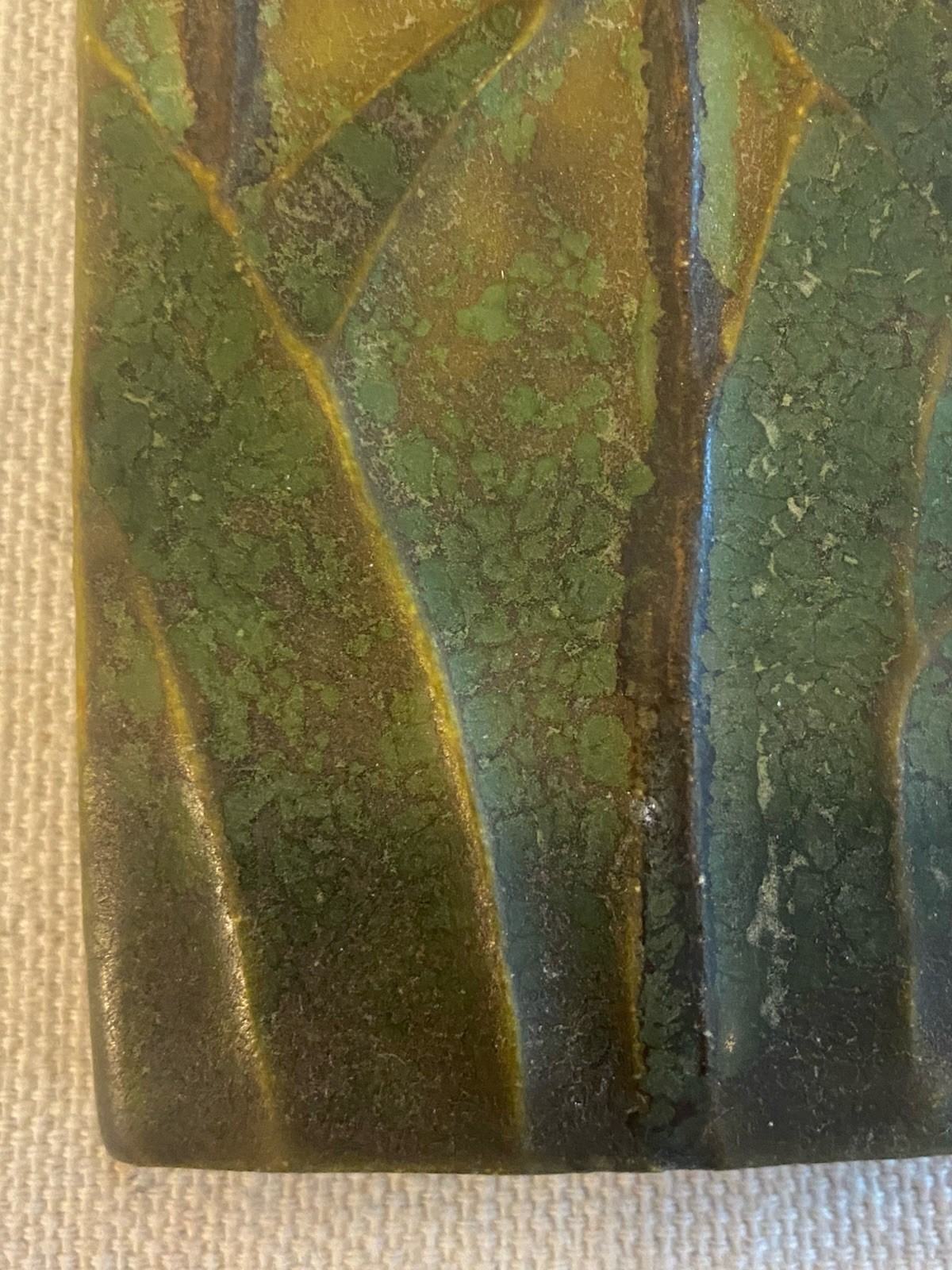 Ephraim Faience Vintage Hand Made Art Pottery Green Cattails Tile 5″ x 2.5″