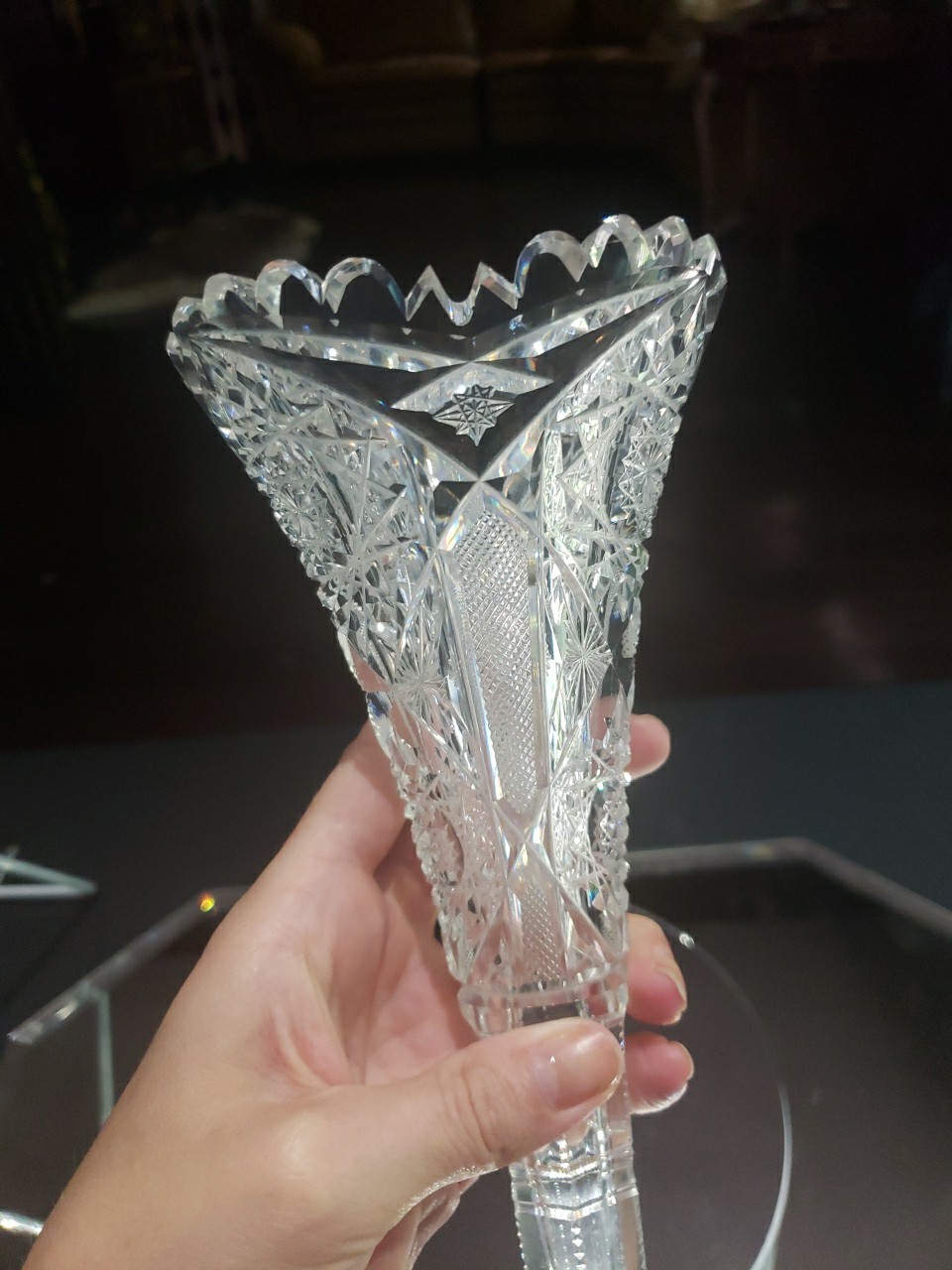10″ Trumpet VASE, American Brilliant Period Cut Glass Egginton Creswick Quality