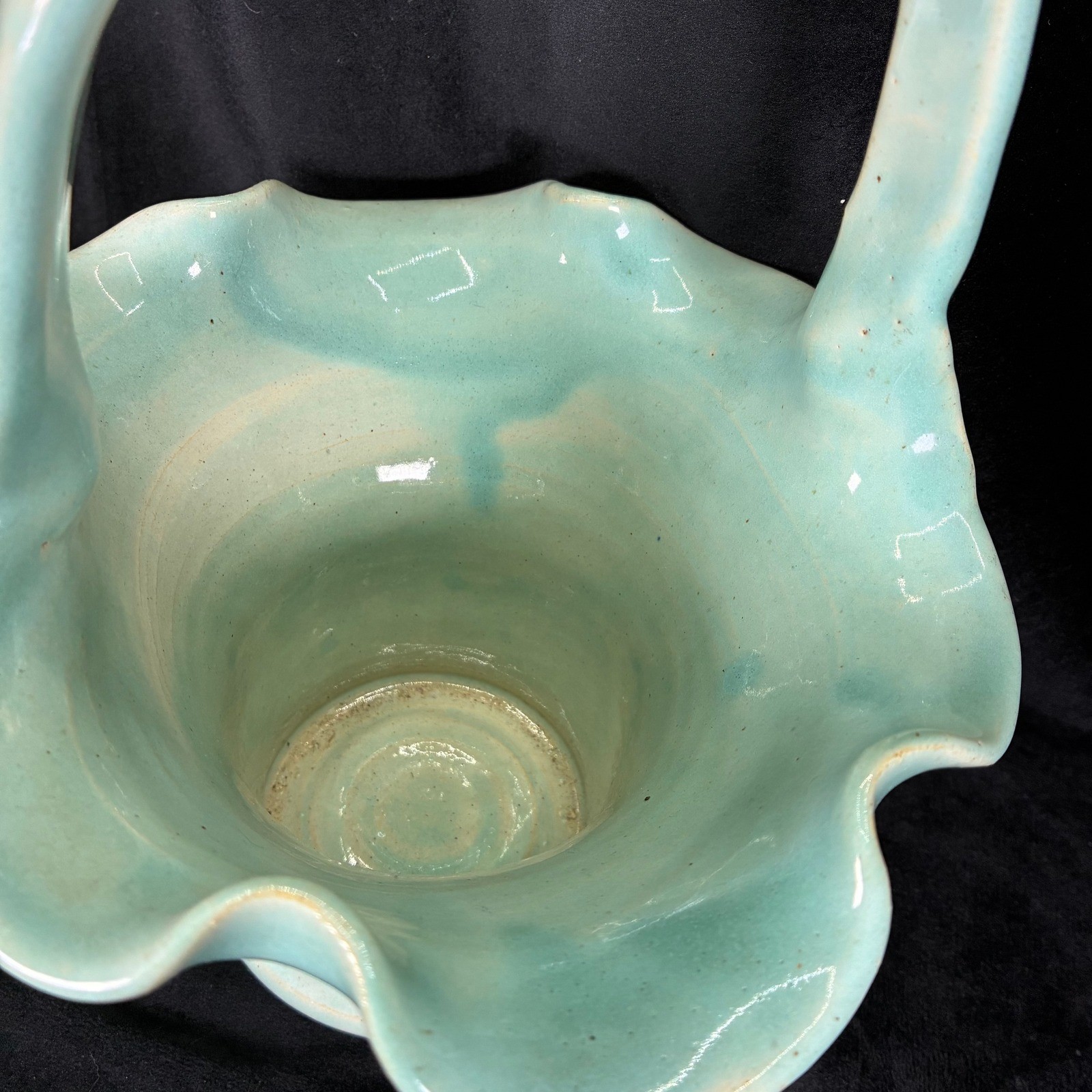 Vintage Turquoise Ceramic Art Pottery Ruffled Basket Handle Seafoam Green Glaze